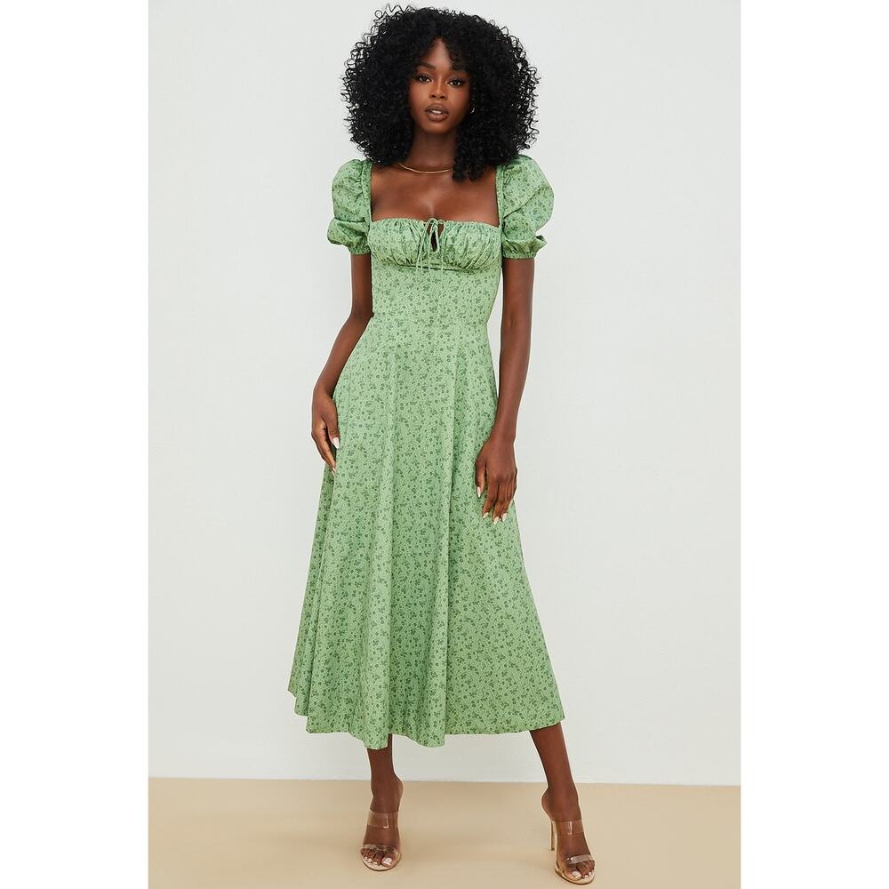 House of CB Tallulah Green Tonal Floral Puff Sleeve Midi Dress M - Picture 5 of 7